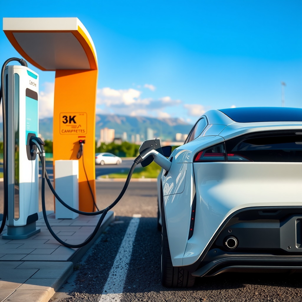 Vehículo eléctrico moderno cargando en una estación de carga en Argentina, con paisaje urbano de fondo y cielo azul