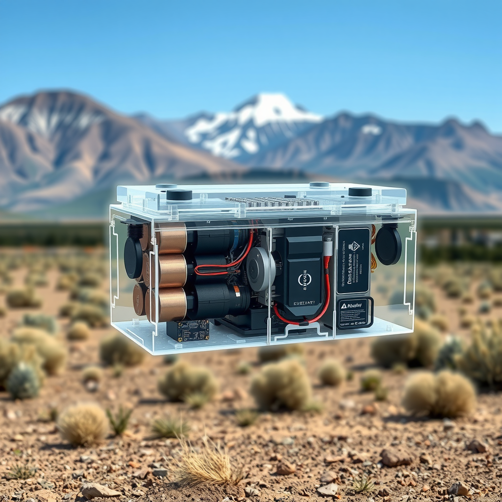 Detailed cross-section diagram of an electric vehicle battery pack showing lithium-ion cells, thermal management system, and battery management electronics with Argentine landscape in background
