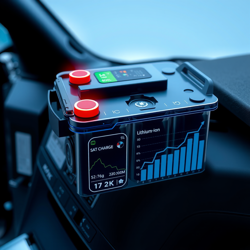 Batería de vehículo eléctrico moderna con indicadores de estado de carga y salud, mostrando celdas de ion de litio en detalle con gráficos de rendimiento y longevidad