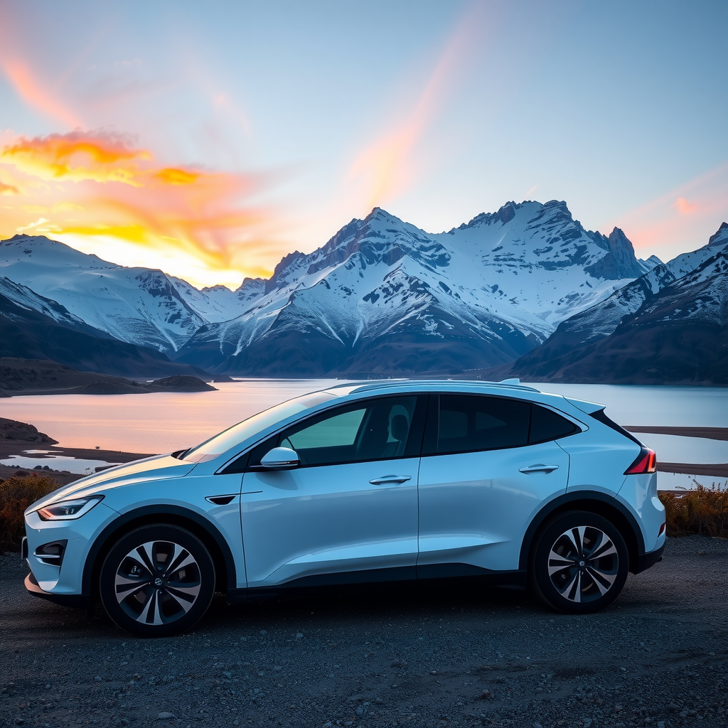 Vehículo eléctrico moderno estacionado frente a un impresionante paisaje patagónico con montañas nevadas y lagos cristalinos al atardecer
