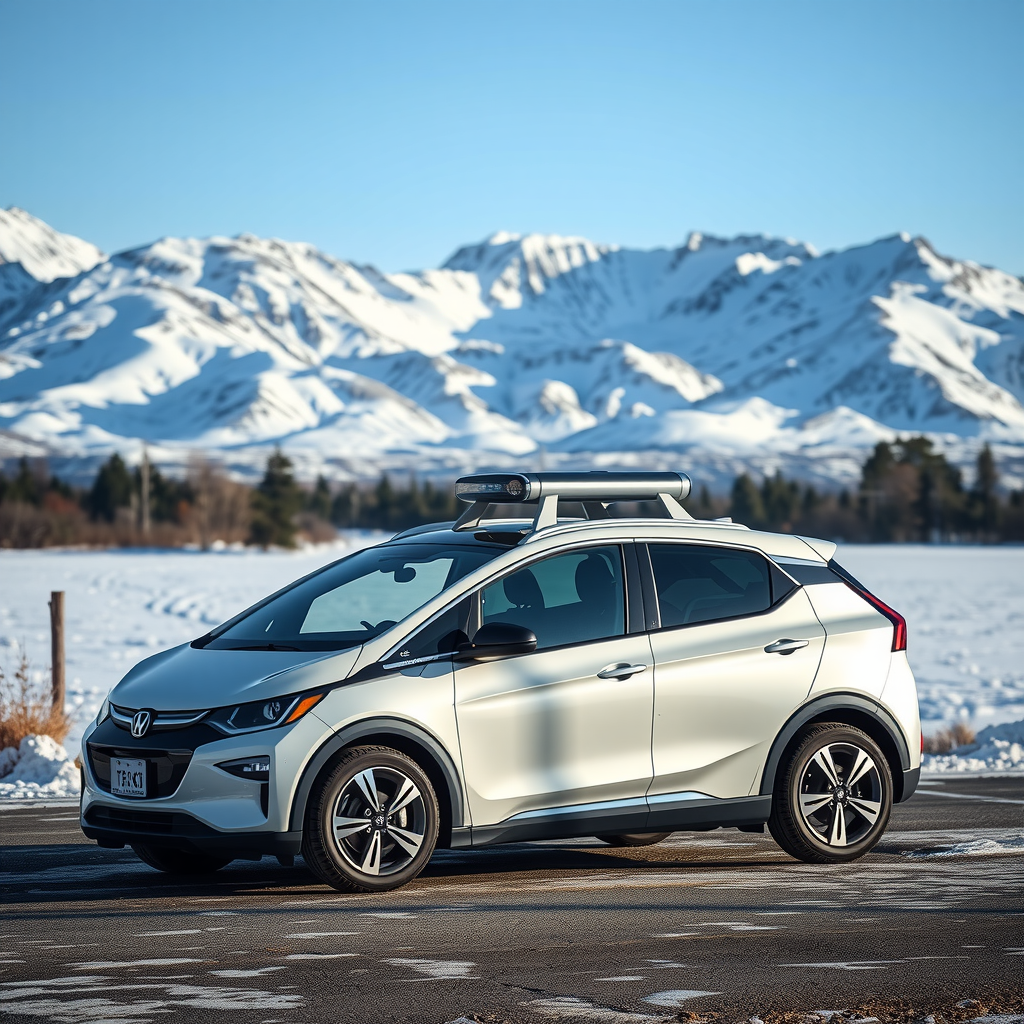 Vehículo eléctrico moderno estacionado en paisaje invernal argentino con montañas nevadas al fondo, mostrando tecnología de batería y sistema de calefacción eficiente