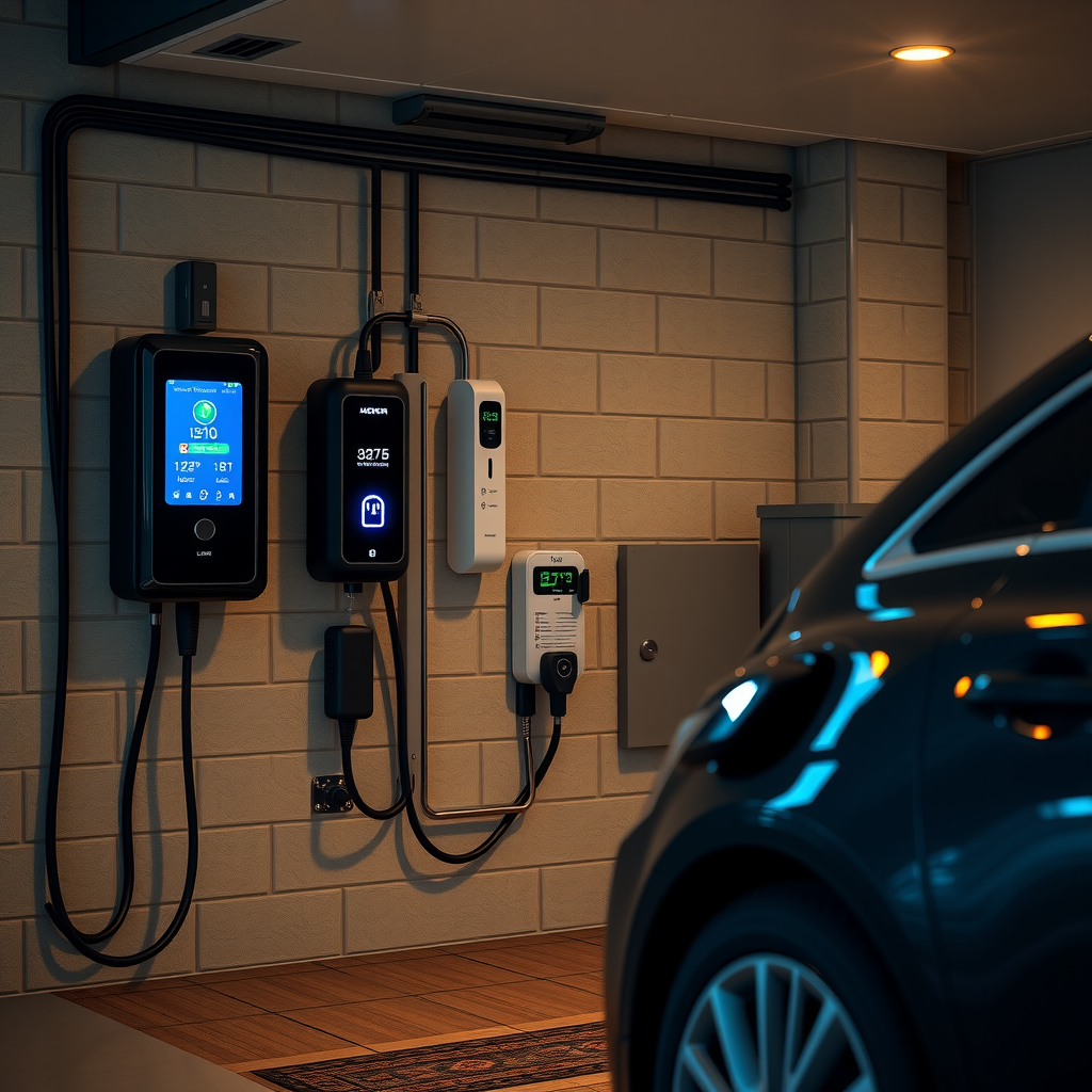 Estación de carga doméstica moderna instalada en garaje residencial argentino, mostrando un vehículo eléctrico conectado a un cargador de pared inteligente con pantalla LED, cables organizados y sistema de gestión de energía