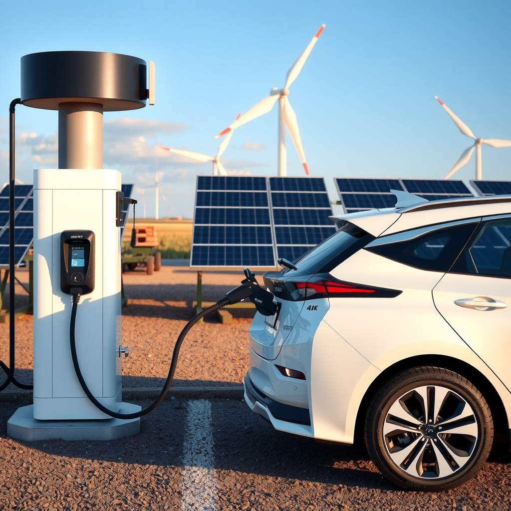 Vehículo eléctrico moderno conectado a estación de carga con paneles solares y turbinas eólicas en el fondo, representando la integración de energía renovable en la movilidad eléctrica argentina