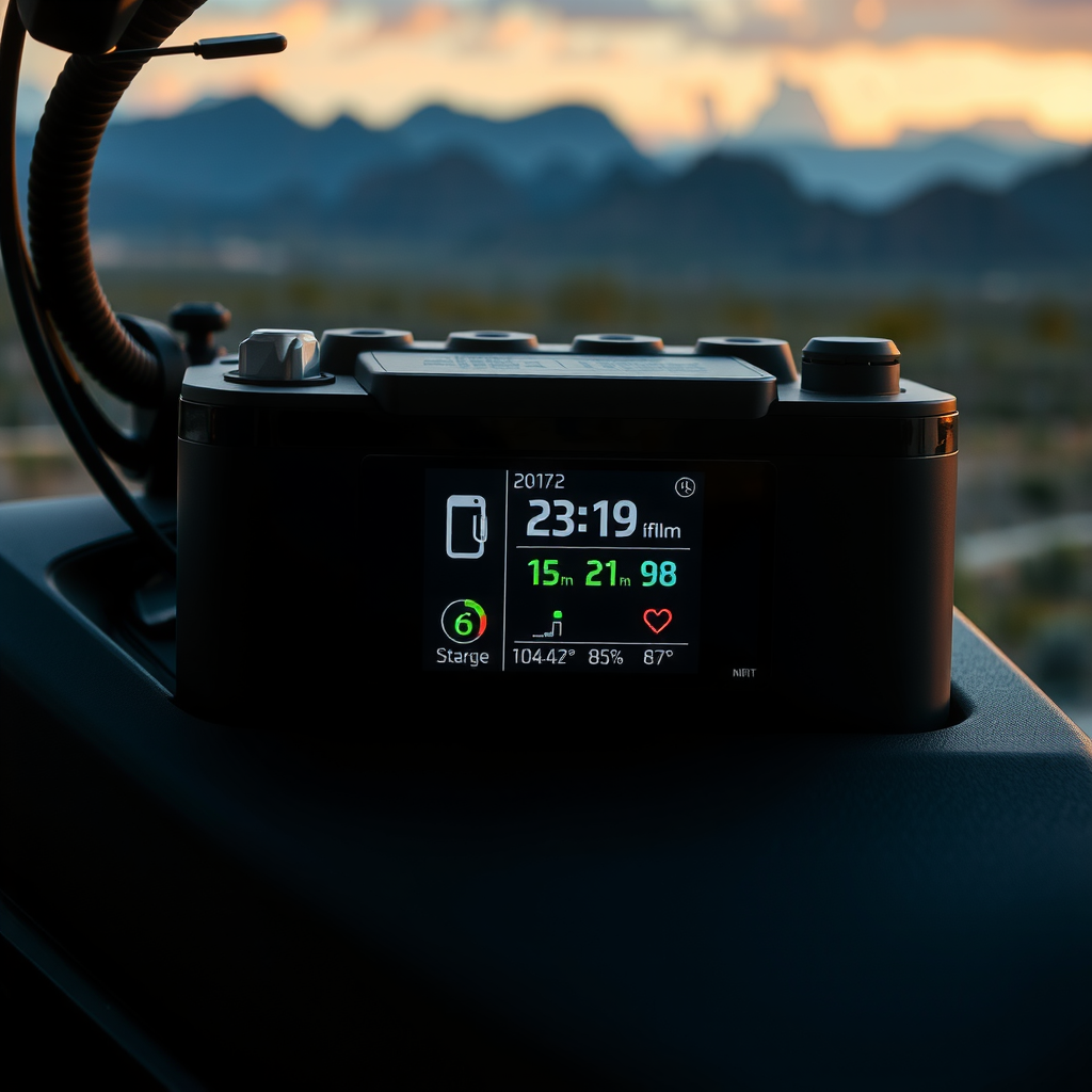 Close-up of an electric vehicle battery pack with digital display showing charge level and health status, set against Argentine landscape background with temperature indicators