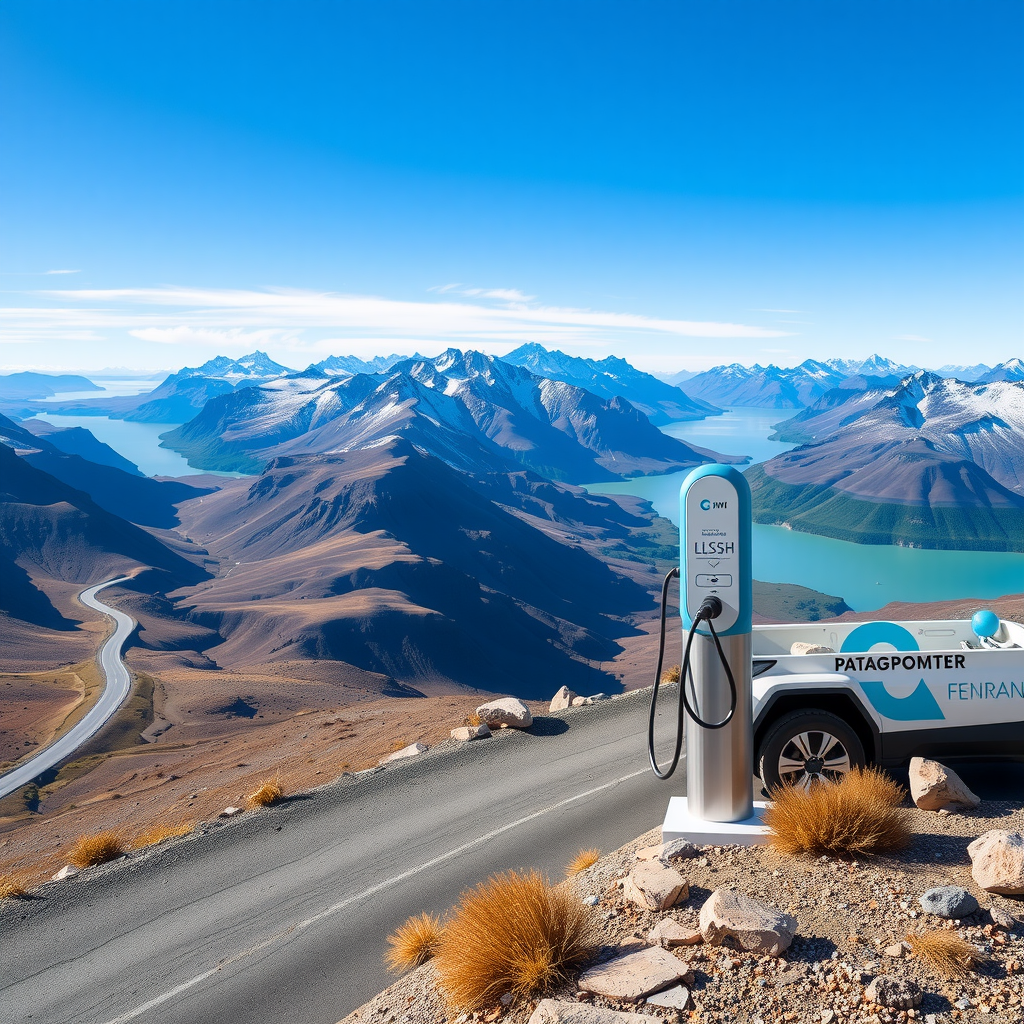 Panoramic view of Patagonian mountains with winding road, electric vehicle charging at scenic overlook, snow-capped peaks, turquoise lakes, and dramatic Argentine landscape under blue sky