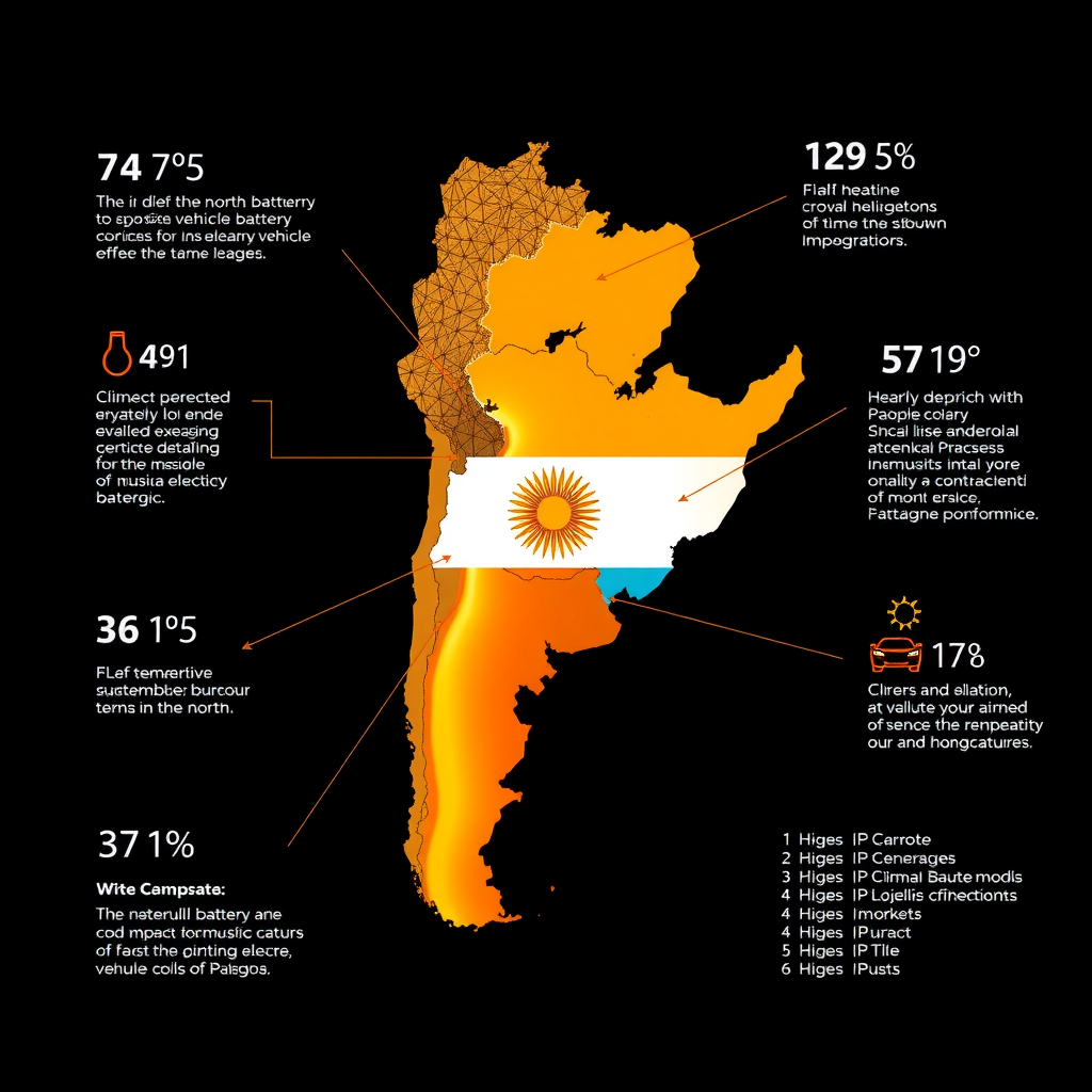 Mapa de Argentina mostrando diferentes zonas climáticas con iconos de temperatura y su impacto en baterías de vehículos eléctricos, desde el calor del norte hasta el frío de la Patagonia