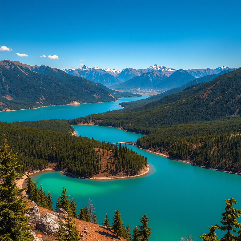 Vista panorámica de la Ruta de los Siete Lagos con un lago turquesa en primer plano, bosques de arrayanes y montañas andinas al fondo bajo un cielo azul despejado