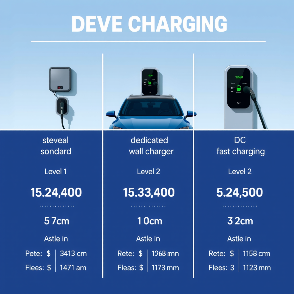 Infografía comparativa mostrando tres niveles de carga para vehículos eléctricos: Nivel 1 con tomacorriente estándar, Nivel 2 con cargador de pared dedicado, y carga rápida DC, incluyendo tiempos de carga y velocidades de recarga para cada opción