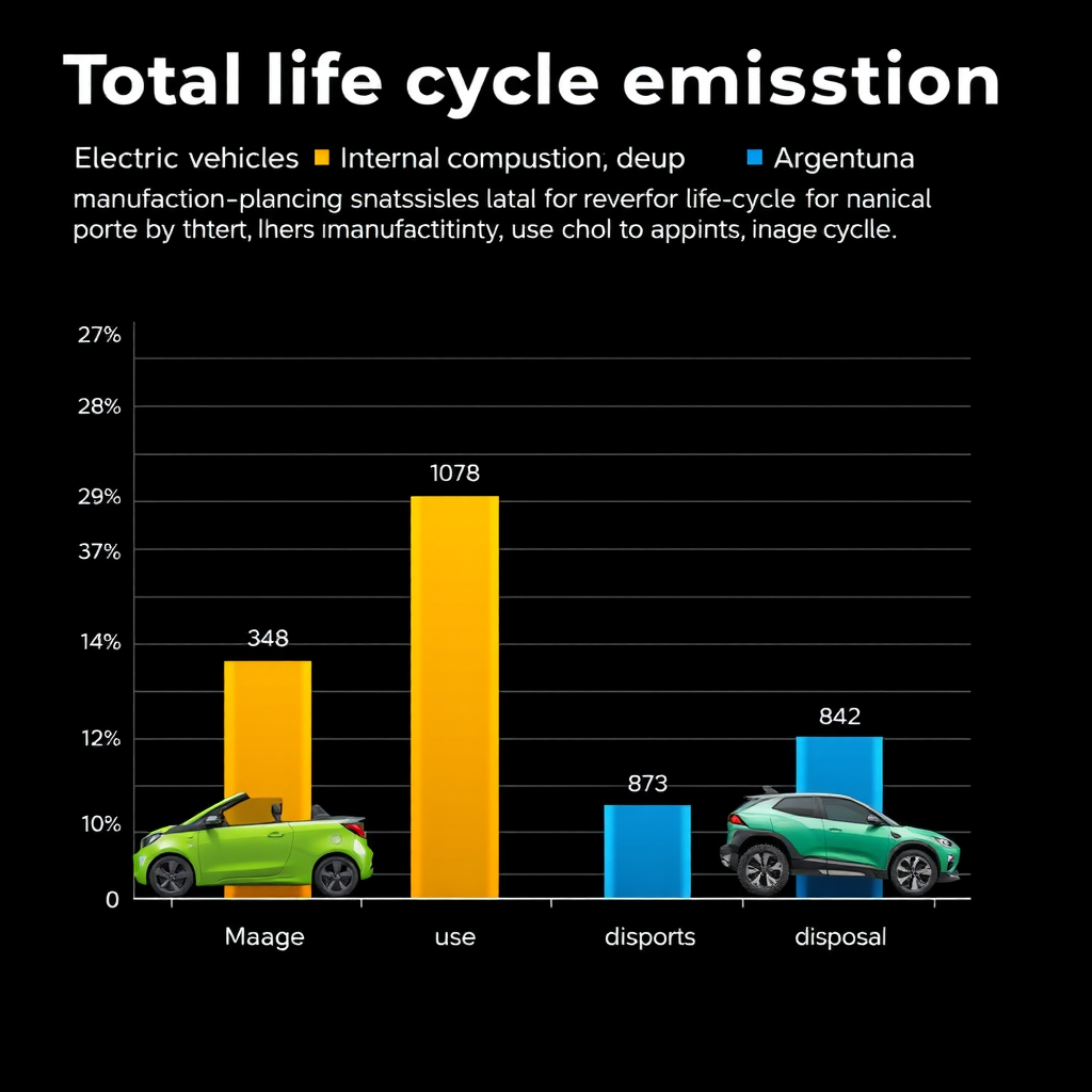 Gráfico de barras comparando emisiones totales del ciclo de vida entre vehículos eléctricos y de combustión interna, mostrando fabricación, uso y desecho, con datos específicos para Argentina
