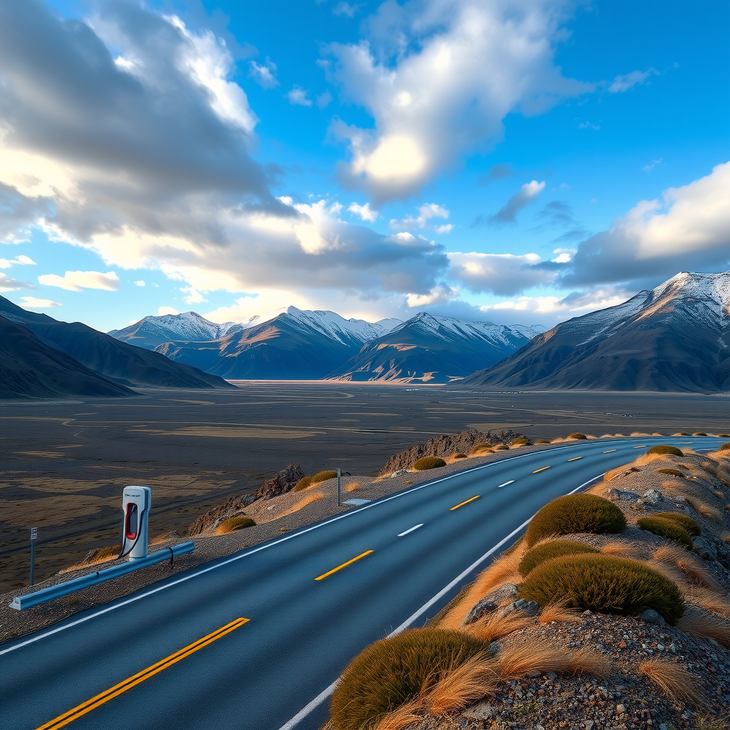 Scenic panoramic view of Patagonian landscape with winding road, electric vehicle driving through mountains, charging station visible, dramatic sky and pristine nature showcasing Argentina's beauty