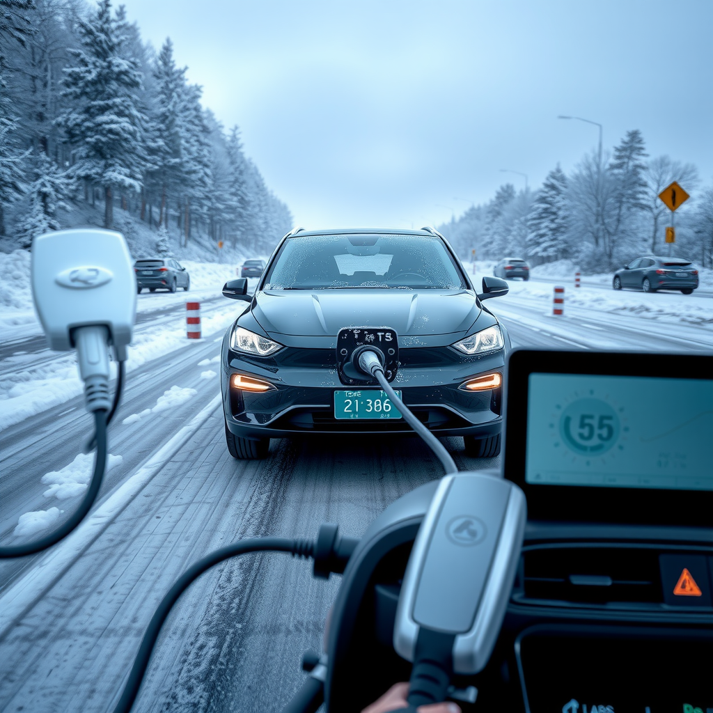 Modern electric vehicle driving on snowy Argentine road with frost-covered windshield, winter tires visible, charging cable with snowflakes, temperature display showing cold weather conditions