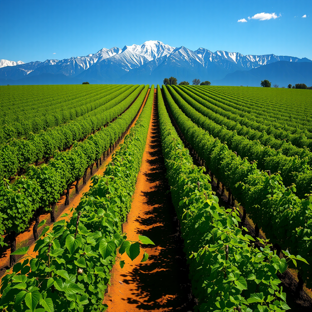 Extensos viñedos verdes de Mendoza con hileras perfectamente alineadas de vides, la majestuosa Cordillera de los Andes nevada al fondo y un cielo azul brillante