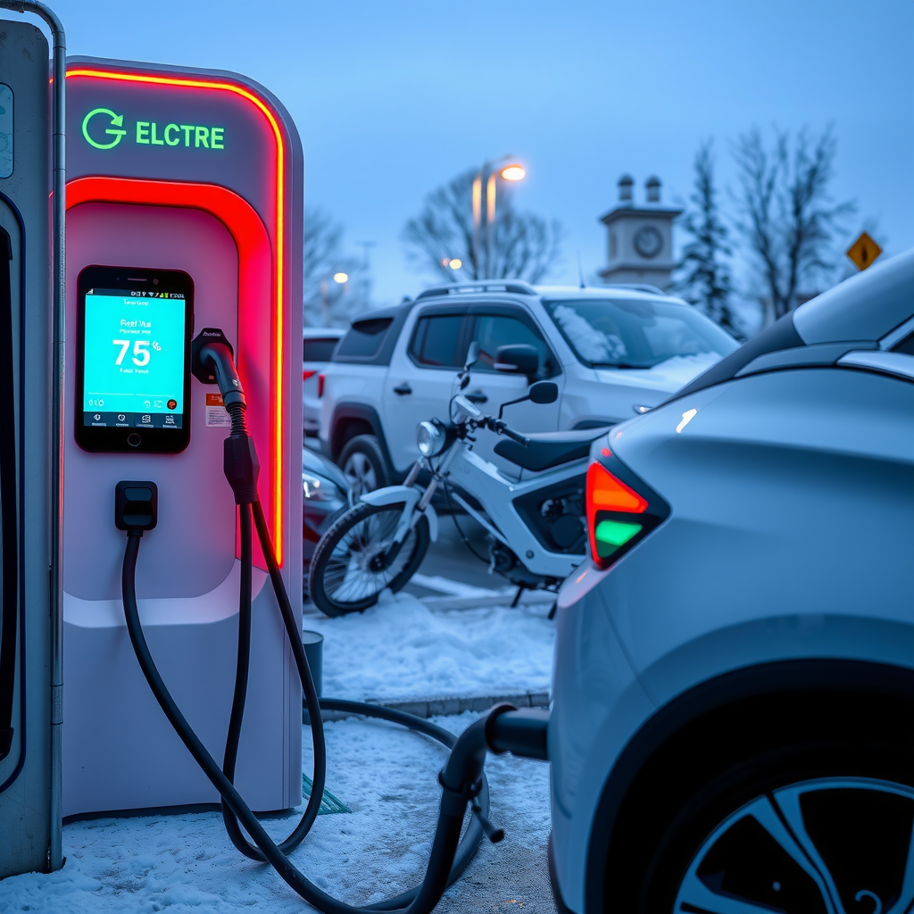 Estación de carga para vehículos eléctricos en ambiente invernal argentino, con vehículo conectado durante preacondicionamiento, mostrando pantalla de aplicación móvil con configuración de temperatura