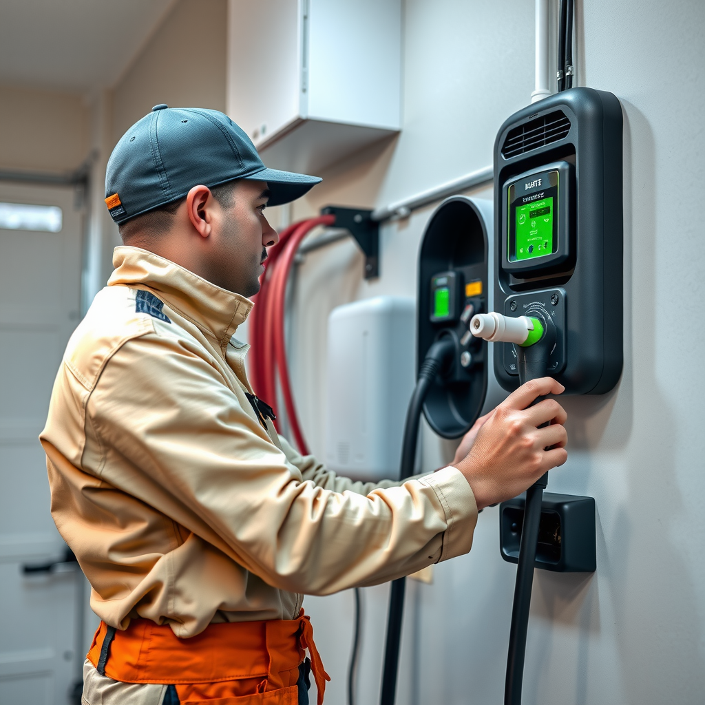 Electricista profesional instalando cargador de pared para vehículo eléctrico en garaje residencial, mostrando el proceso de conexión al tablero eléctrico, cableado dedicado y montaje seguro del equipo con herramientas especializadas
