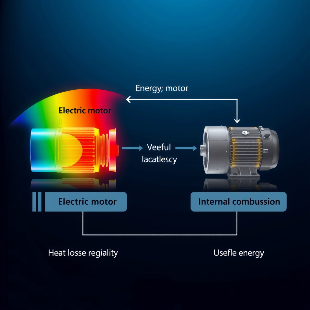 Diagrama de flujo de energía comparando la eficiencia de conversión energética entre un motor eléctrico y un motor de combustión interna, mostrando pérdidas de calor y energía útil
