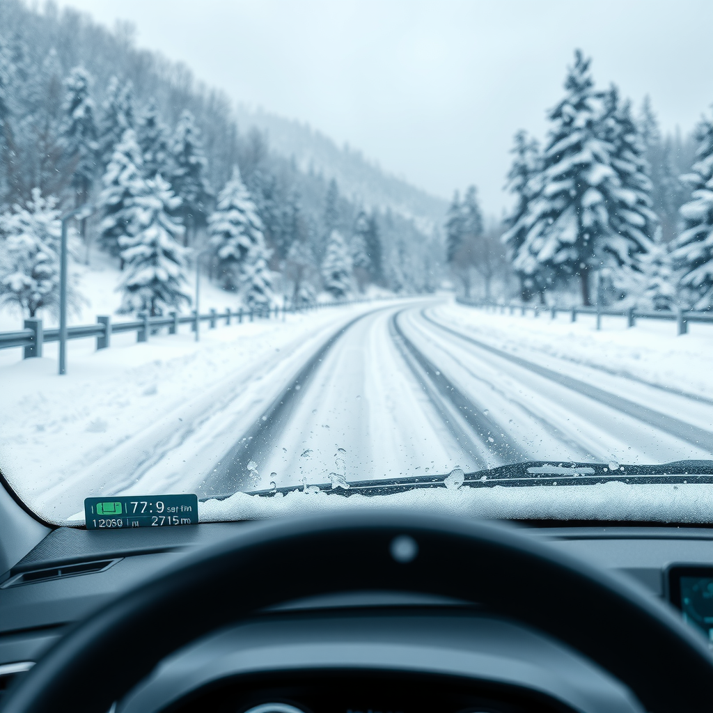 Electric vehicle in winter conditions with frost on windshield, snow-covered Argentine landscape, battery temperature indicator display, winter tires visible, cold weather driving scenario