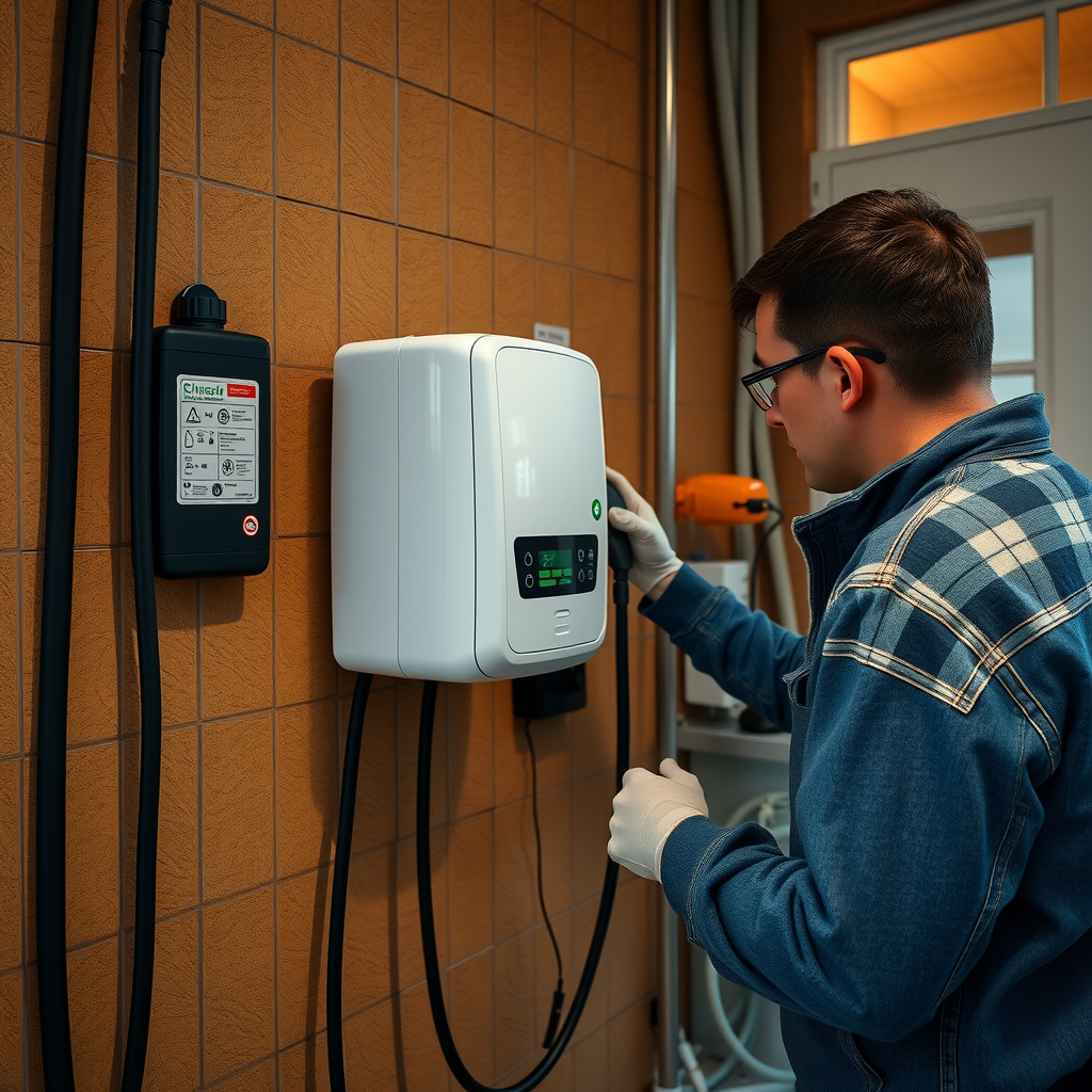 Professional installation of residential EV charging station on Argentine home garage wall, electrician working with cables, modern white charger unit, electrical panel visible, clean organized setup