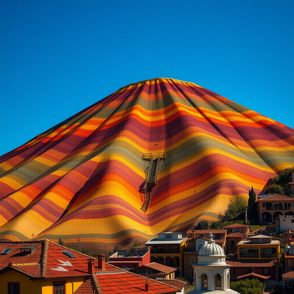 El icónico Cerro de los Siete Colores de Purmamarca mostrando sus distintivas franjas de colores rojos, naranjas, amarillos y verdes, con el pueblo colonial en primer plano y cielo azul despejado