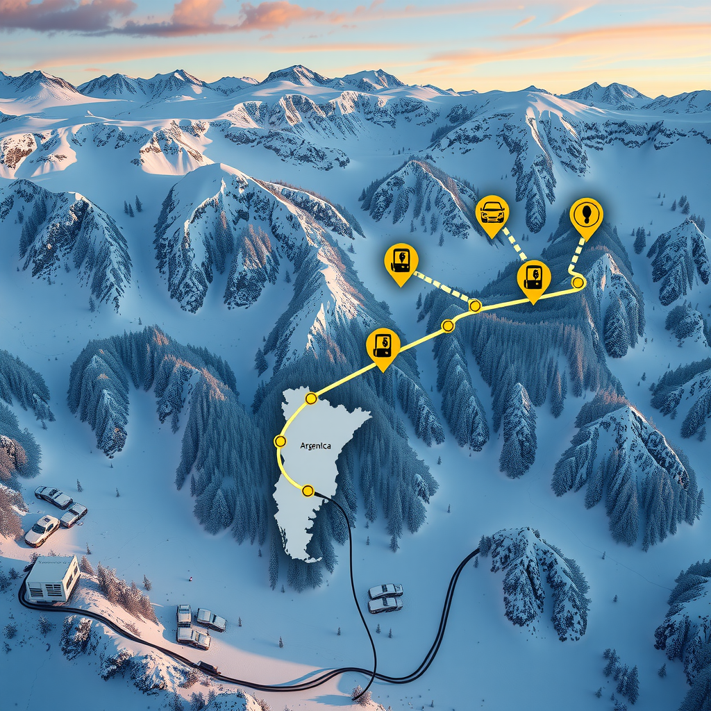 Mapa de ruta invernal en Argentina mostrando estaciones de carga para vehículos eléctricos, con indicadores de distancia y puntos de interés en paisaje de montaña con nieve