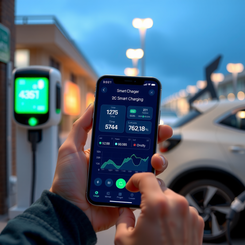 Interfaz de aplicación móvil para cargador inteligente de vehículo eléctrico mostrando estadísticas de carga en tiempo real, programación horaria, consumo de energía, costos estimados y opciones de control remoto en smartphone
