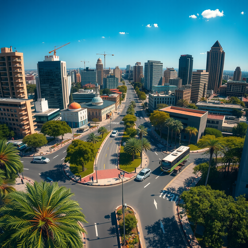 Vista panorámica de una ciudad argentina moderna con vehículos eléctricos circulando, cielo azul claro y vegetación urbana, representando la mejora en la calidad del aire