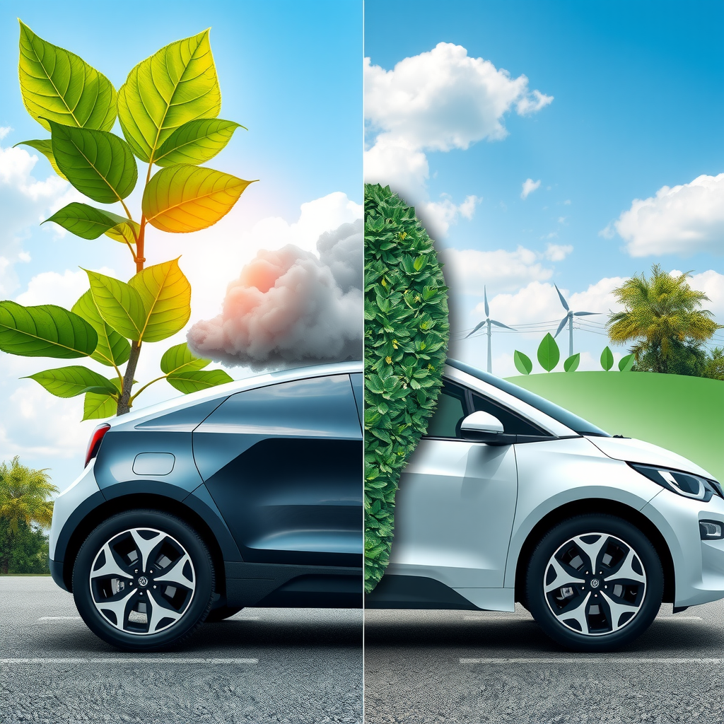 Split comparison image showing electric vehicle with green leaves and clean air on one side, traditional car with emissions on other, infographic elements, carbon footprint visualization, renewable energy symbols