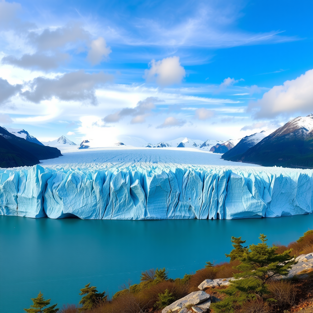 Vista panorámica del imponente Glaciar Perito Moreno con sus paredes de hielo azul brillante, el Lago Argentino en primer plano y las montañas patagónicas al fondo bajo un cielo parcialmente nublado