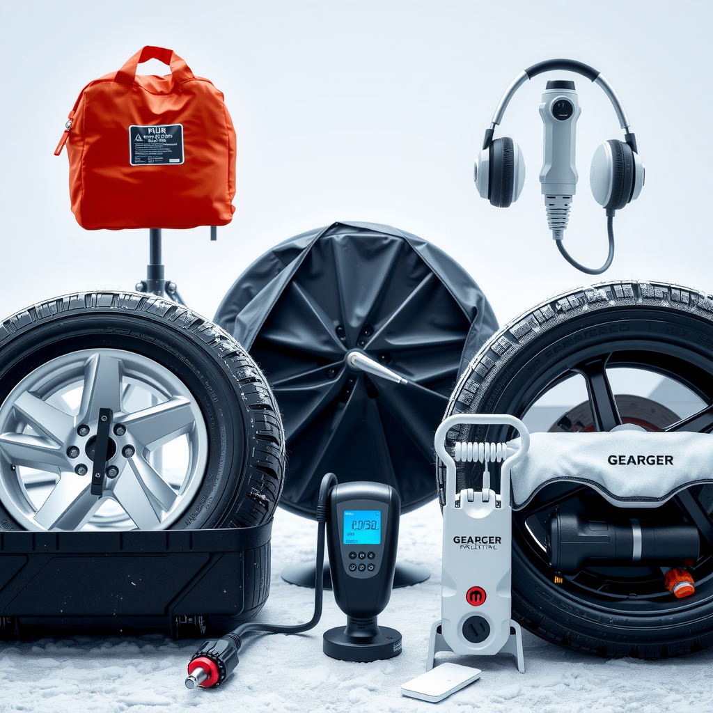 Conjunto de accesorios de invierno para vehículos eléctricos incluyendo neumáticos especiales, cargador doméstico, cobertor térmico y kit de emergencia dispuestos profesionalmente