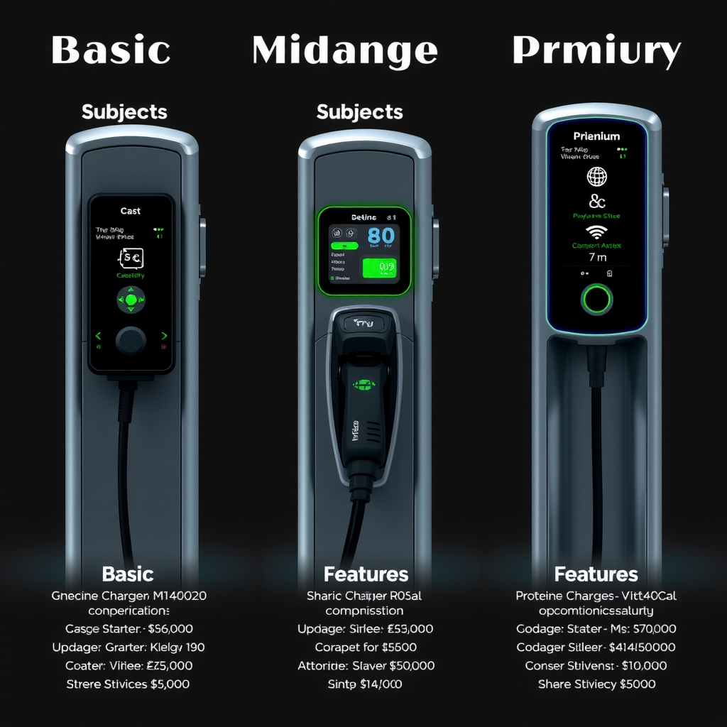 Comparación visual de tres modelos de cargadores domésticos para vehículos eléctricos: modelo básico, medio y premium, mostrando diferencias en diseño, pantallas, conectividad y características de cada categoría de precio